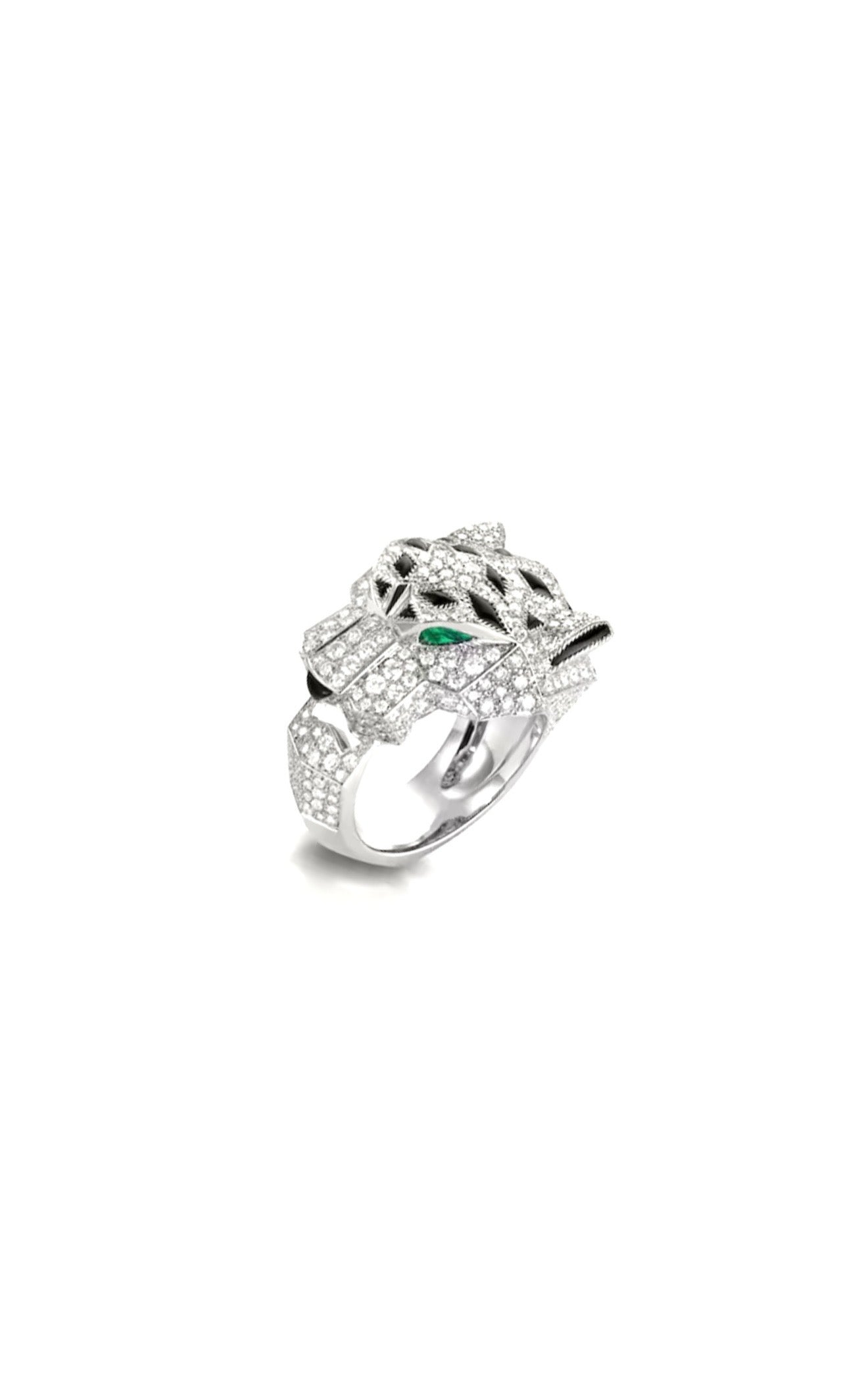 White Gold Panthere De Cartier Diamond / Emerald & Onyx Ring