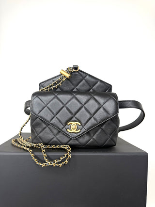 Chanel Black Quilted Calfskin Carry w Chic Flap Waist Bag w Gold Chain Like New Condition