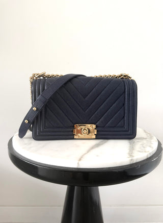 Navy Blue Chevron Leather Boy Bag Excellent Condition