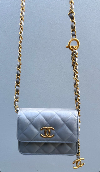Grey Quilted Calfskin Small Purse w Gold Chain
