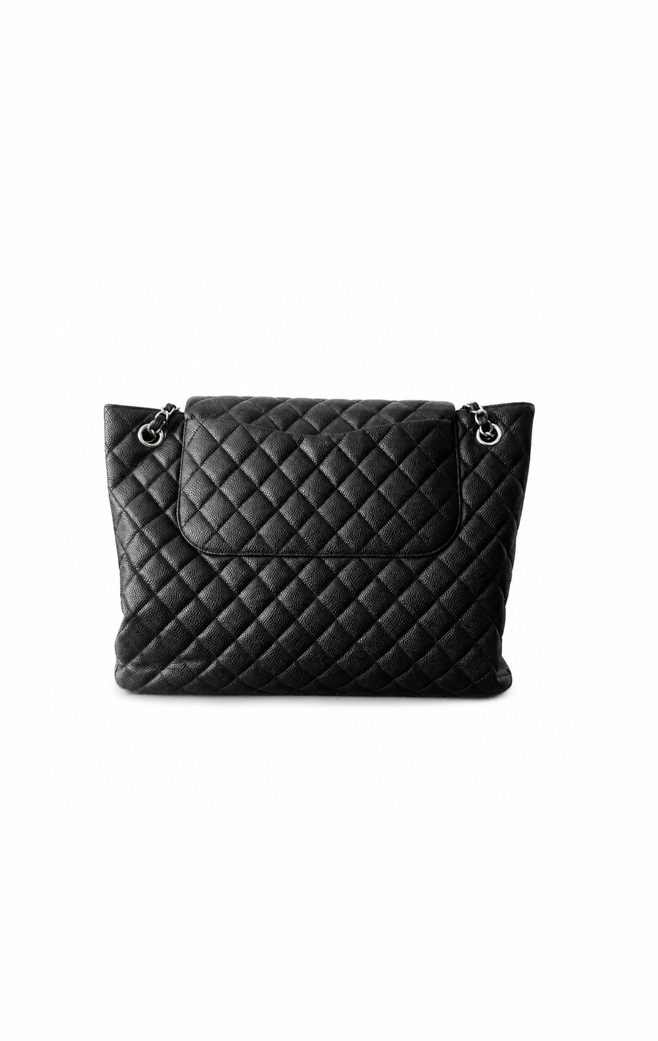 Black Quilted Caviar Paris-Edinburgh Large Flap Tote Silver Hardware