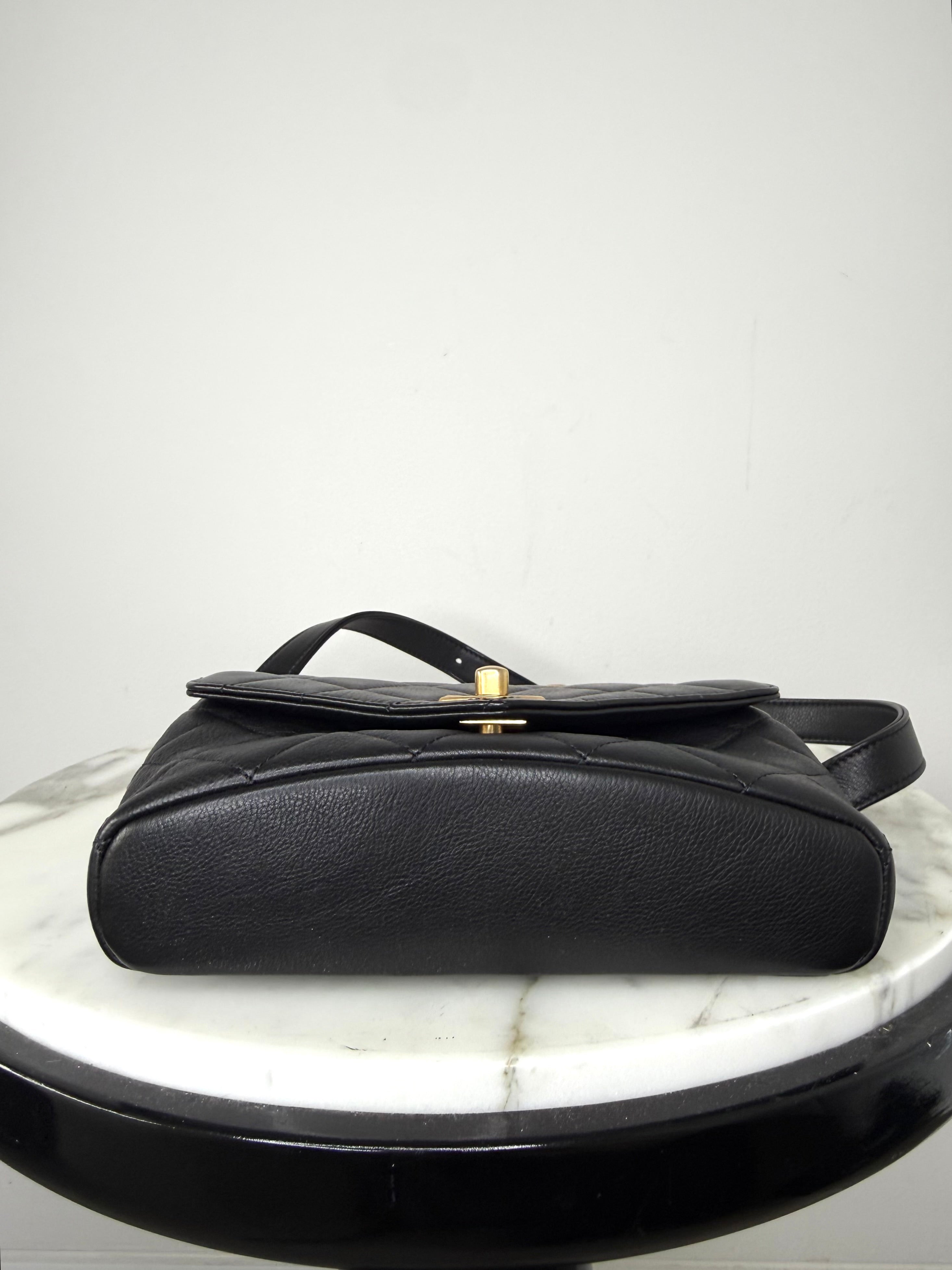 Chanel Black Quilted Calfskin Carry w Chic Flap Waist Bag w Gold Chain Like New Condition